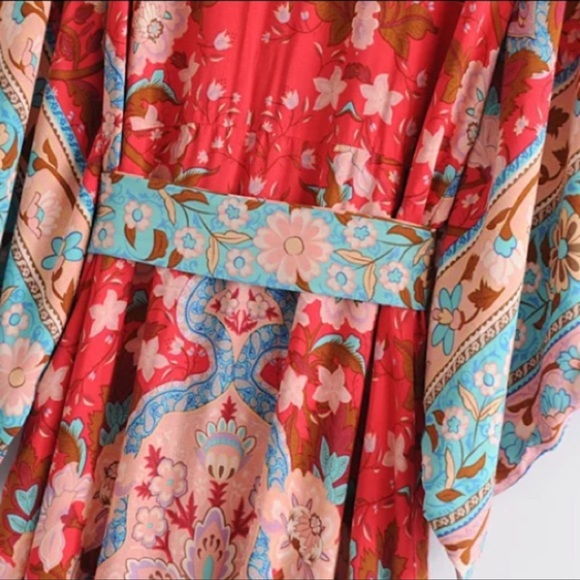 Bohemian Red Floral Gypsy Kimono Long Maxi Dress - Picture 15 of 16